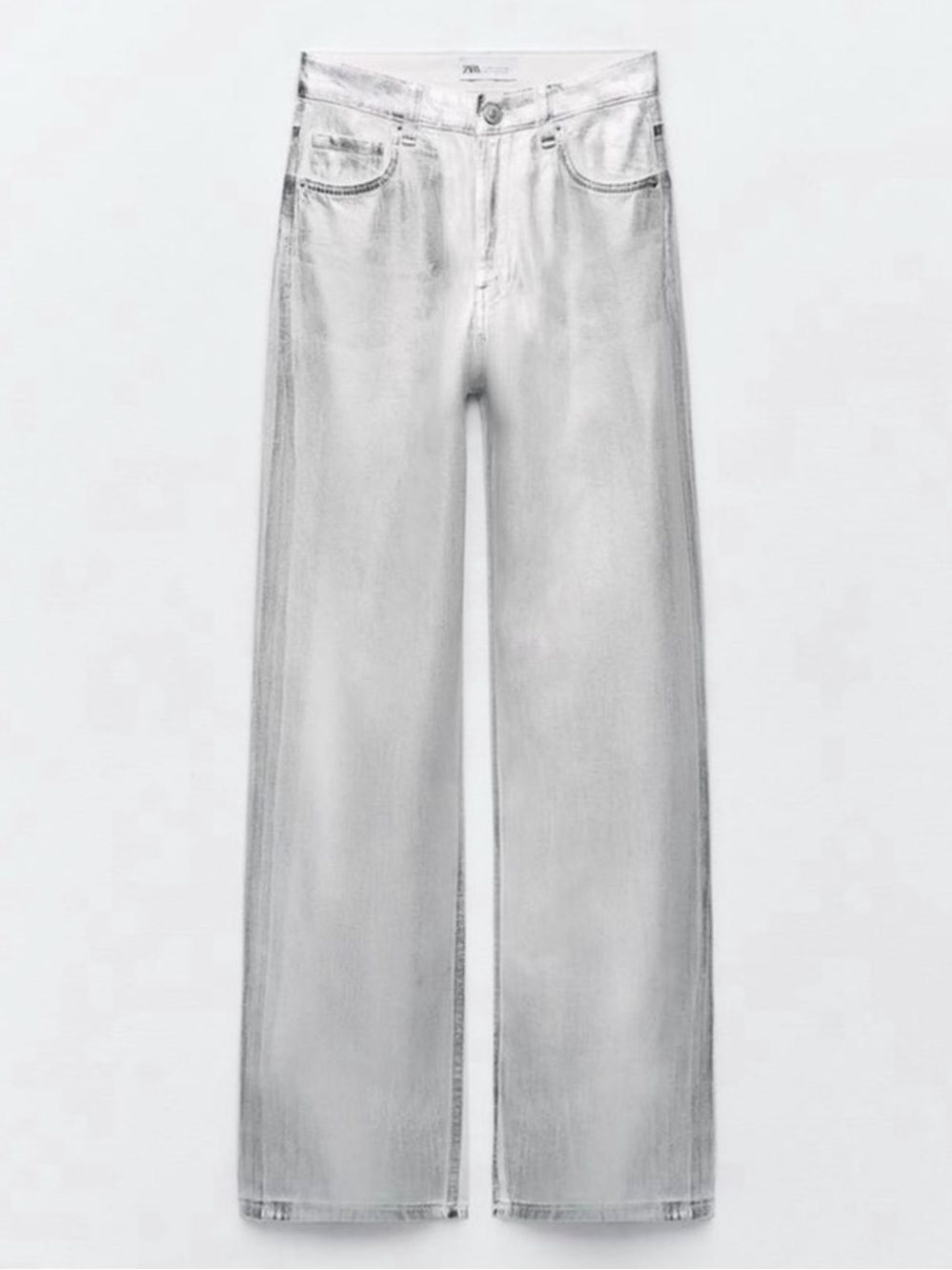 Zara TRF Metallic Silver Painted High  Rise Wide Leg Women’s Jeans